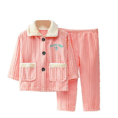 

Xfvqtps Children Fuzzy Pajama Set with Pocket Ribbed Pattern Embroidery Long Sleeve Open Front with Button Flip Collar Long Leg Cozy Comfortable Soft House Warm Winter Top and Pants Set Pink