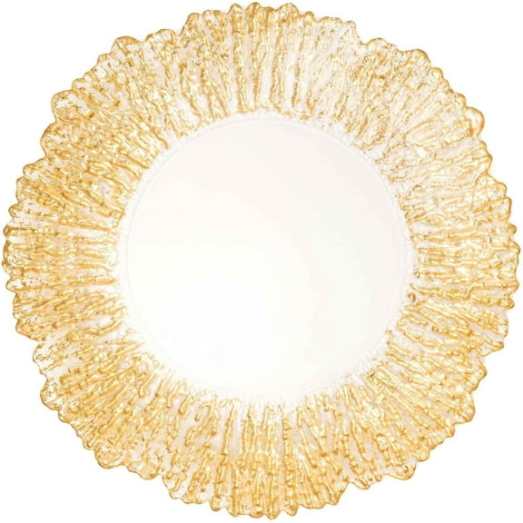 Simply Elegant Floral Rim Glass Charger Plate | Service Plate for Parties, Dinner, Weddings, Quinceaneras and Events | 13 inch Diameter | Gold - Gloss Finish | Set of 8
