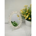 thumbnail image 3 of 5X7in Decorative Vintage Tabletop Mirror Retro Metal Countertop Vanity Makeup Mirror Rose Embossed Antique Oval Mirror with Stand for Home, Bedroom, Dressers, Living Room, Bathroom （silver）, 3 of 6
