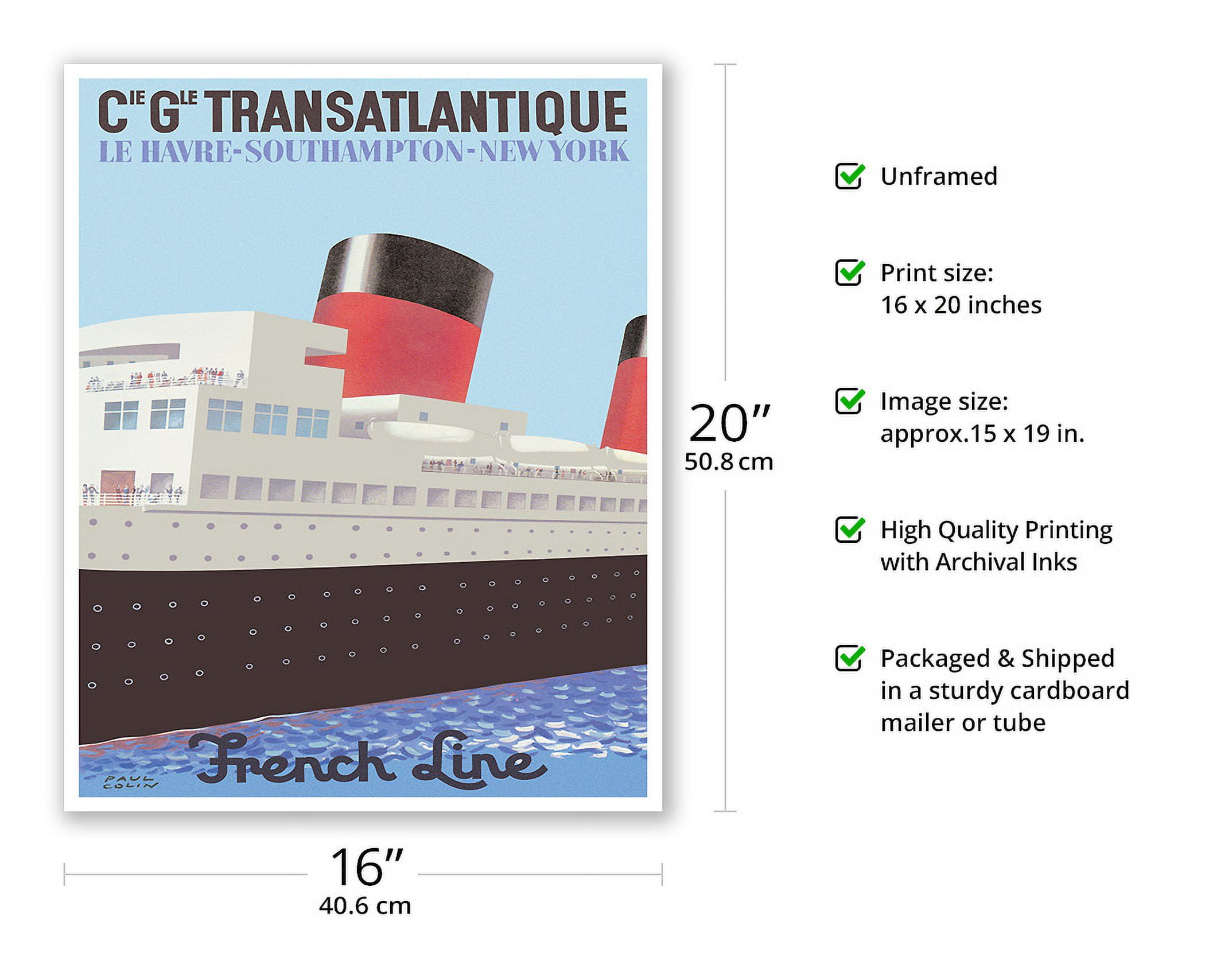 Le Harve South Hampton New York - French Line (CIE GLE Transatlantique) - Vintage Ocean Liner Travel Poster by Paul Colin c.1949 - Fine Art Matte Paper Print (Unframed) 16x20in