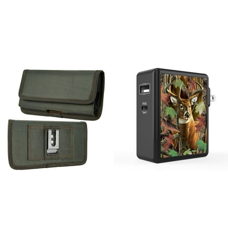 

Holster and Wall Charger Bundle for Samsung Galaxy A13 4G: Horizontal Rugged Nylon Belt Pouch Case (Midnight Green) and 45W Dual USB Port PD Type-C and USB-A Power Adapter (Deer Hunter Camo)
