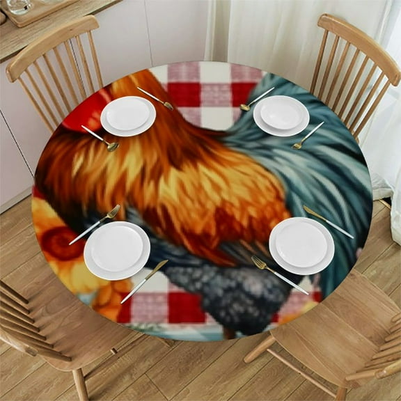 Farm Rooster Round Tablecloth, Fitted Table Cover with Elastic Floral Daisy Farmhouse Red Plaid Table Cloth Outdoor Indoor Dinning Party