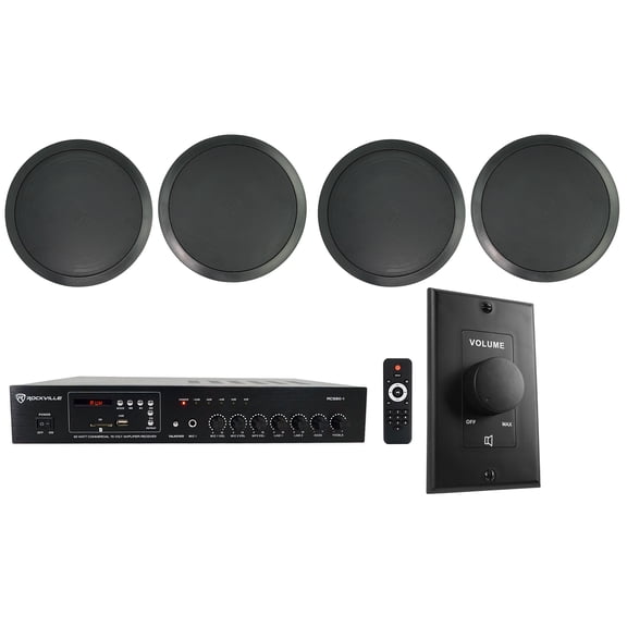 Rockville Commercial Restaurant Amp (4) 8" Black Ceiling Speakers Wall Control