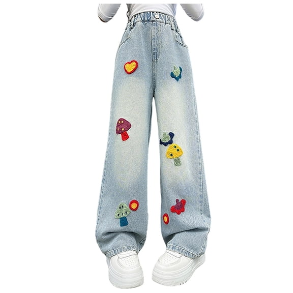 Staki Star Pants Girls Jeans Baggy Wide Leg Cute Teen Denim Pants Junior Mid Rise Elastic Band with Pockets Casual Clothes 5-9Y 10-14Y(Light Blue,11-12 Years)
