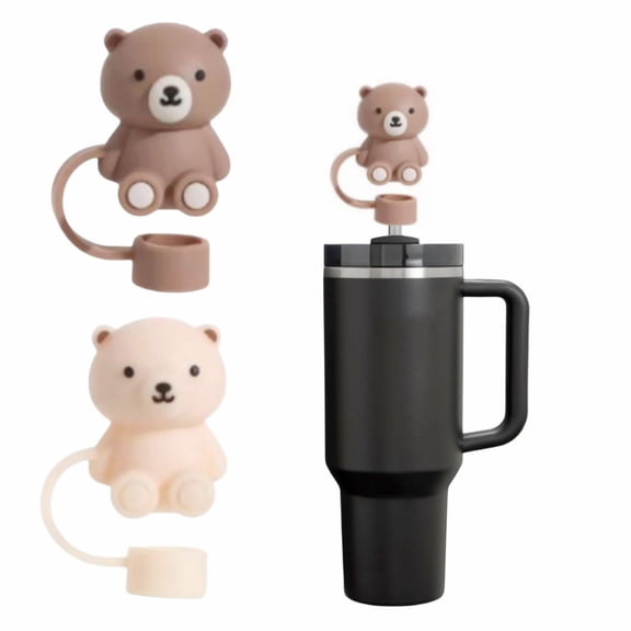 Silicone Bear Straw Cover for 30oz 40oz Tumblers, Dustproof Leakproof Lid Accessories for 10mm 0.4in Straws, 2 Pack Cute Bear Toppers, Brown