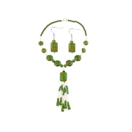 20" Handmade Simulated Turquoise & Cultured Freshwater Pearl Necklace + Earrings