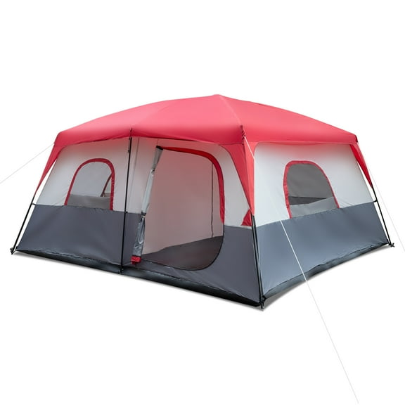 14-Person Camping Tent - 430x430x210cm, Durable Polyester with Fiberglass Poles, Red & White Outdoor Shelter