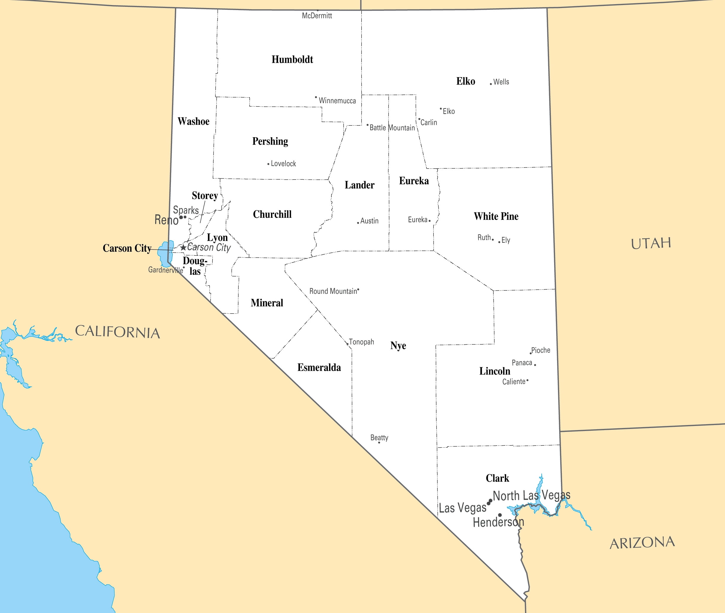Laminated Map - Large administrative map of Nevada state ... Laminated Map - Large administrative map of Nevada state ...