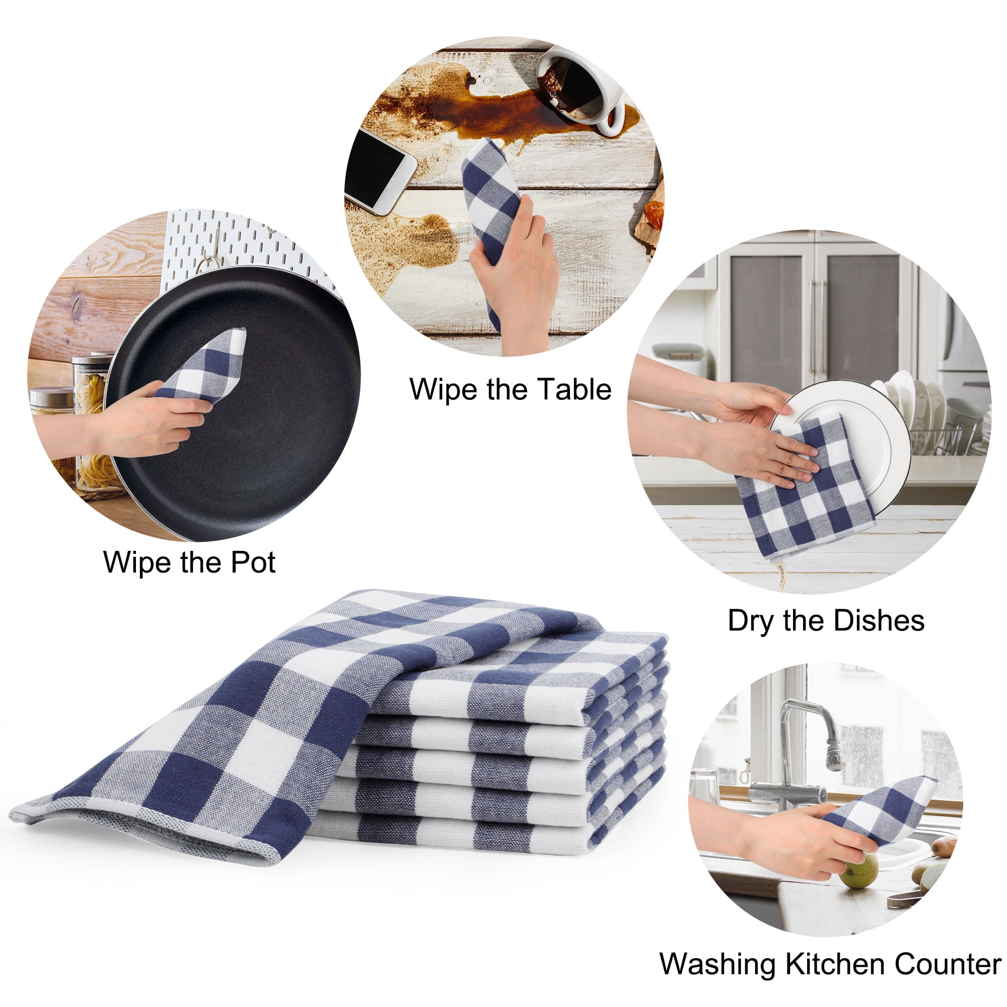 Unique Bargains 6Pcs 100% Cotton Buffalo Pattern Absorbent Dish Cloths Blue 13" x 13"