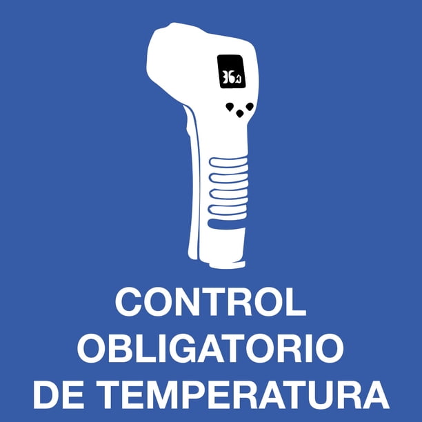 Señalamiento: "Control obligatorio de temperatura", en azul y blanco. Plástico estireno calibre 40, ideal para interior y exterior, 20 x 20 cm. Señalética, Letrero, Señal de seguridad cuadrada.