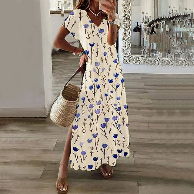 SMihono Robe Maxi Bohème d'Été pour Femmes Grande Taille Robe d'Été Bohème pour Femmes Imprimée à Manches Courtes Smockée Fluide à Volants Robe de Fête Robe Maxi de Plage Robe Évasée de Plage