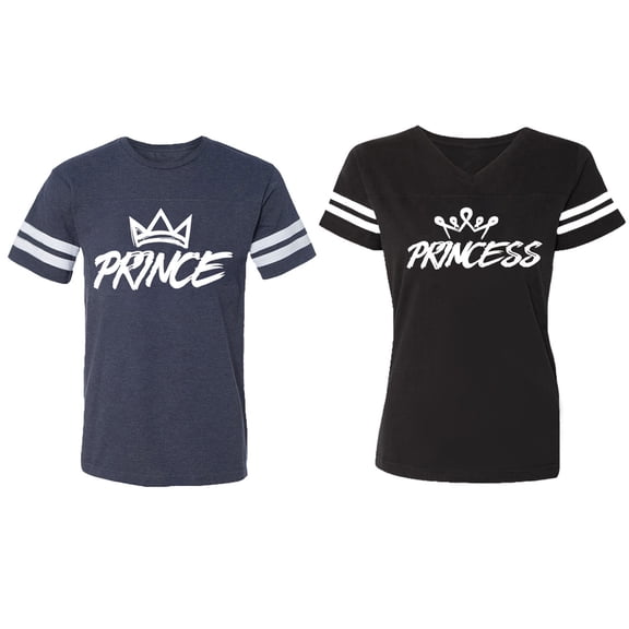 Prince & Princess Matching Couple Cotton Jerseys (Men Navy / Women Black) (Men S / Women S)