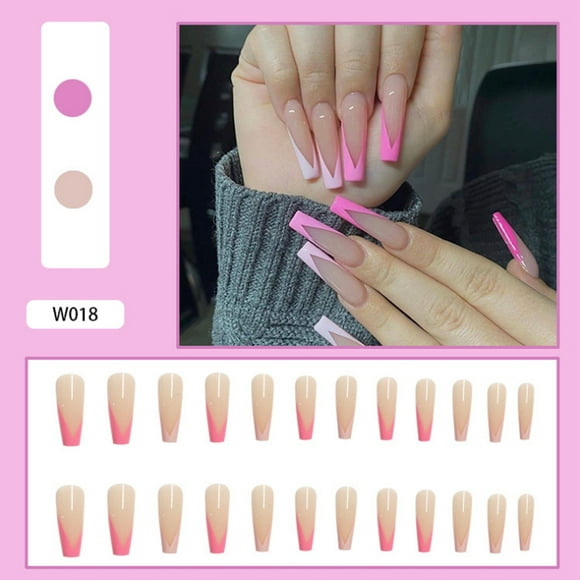 Fake Nails Medium Length Press Abstract Cute Coffin False Nails with Glue, Stick on Nails Art Manicure Decoration, Glossy Nude Acrylic Nails for Women and Girls 24Pcs(W018)