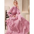 thumbnail image 2 of Womens Pink Elegant High Neck Long Sleeve Pleated Maxi Dress With Ruched, 2 of 6