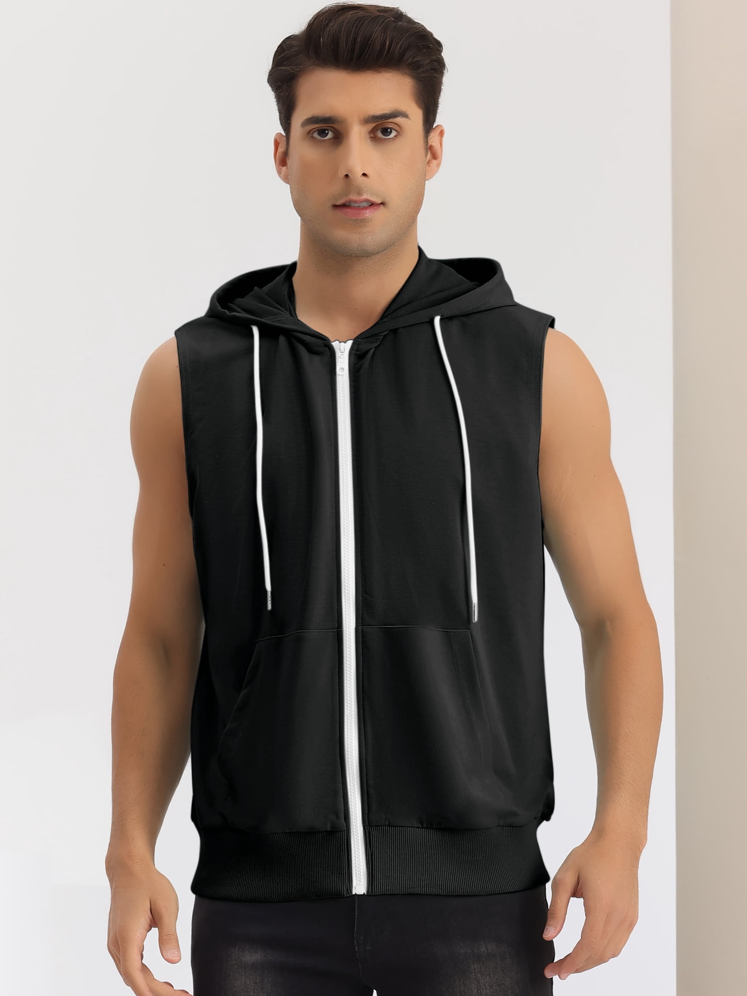 Unique Bargains Men's Sleeveless Hoodie Zipper Drawstring Hooded Sweatshirt Vest L Black