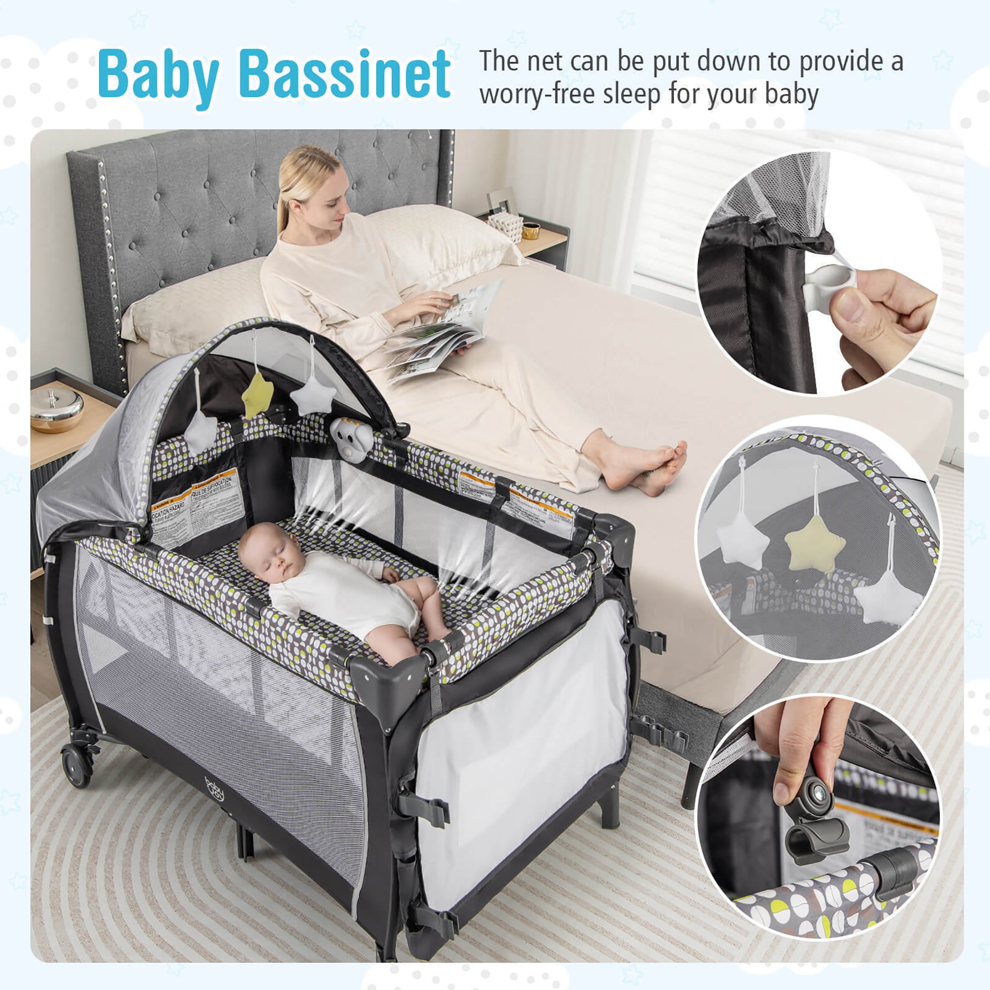 Gymax 4-in-1 Portable Baby Playard Nursery Center Bassinet w/ Music Box Canopy & Net