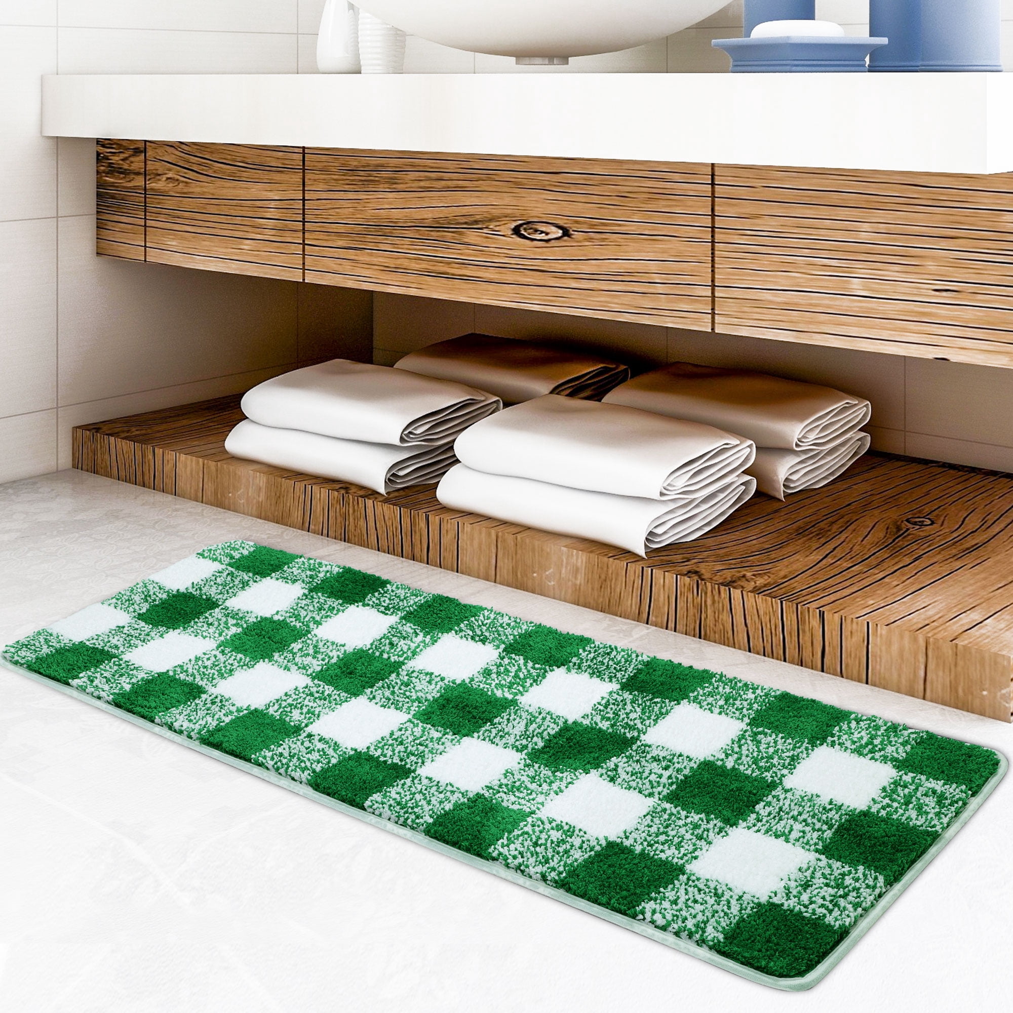 Unique Bargains Soft Microfiber Plaid Bathroom Rugs Green & White 17"x47"