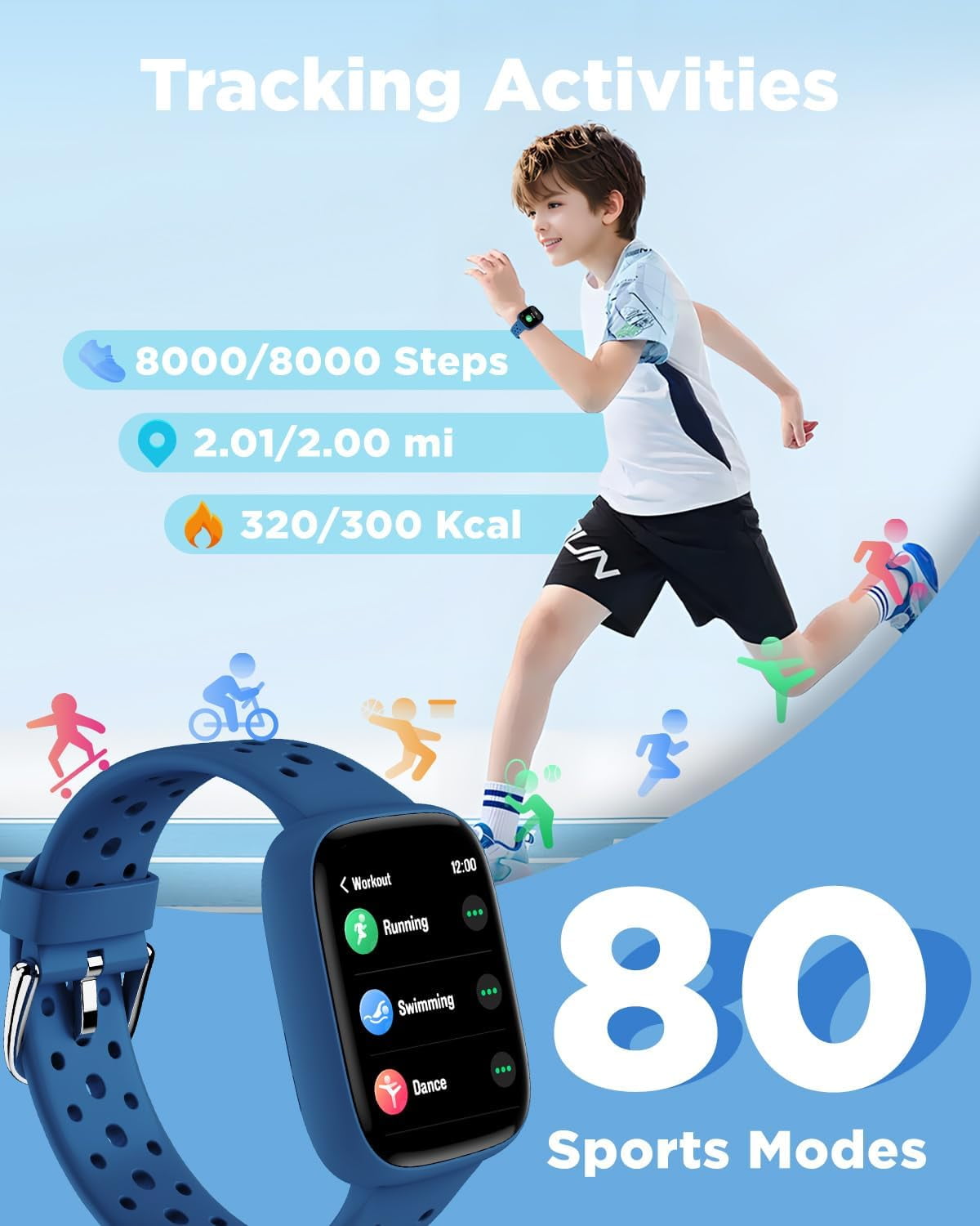 BIGGERFIVE Smart Watch for Kids No APP No Phone Needed, 1.8" Fitness Tracker Watch Pedometer, Sleep Monitor, IP68 Waterproof, Step Counter, Puzzle Games for Girls Boys Teens 5-16, Blue