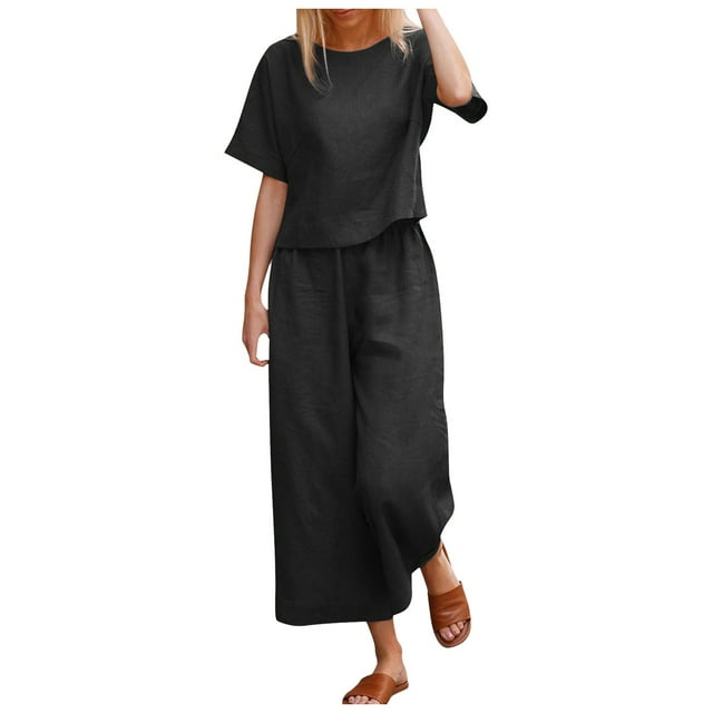 Conjunto de dos piezas para mujer compuesto por top corto y pantalones anchos: manga corta, cuello redondo, conjunto informal de verano