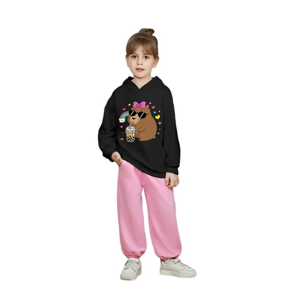 lnmuld Cute Tops for Teens Girls Hooded Sweatshirt Capybara Print Casual Loose Fit Long Sleeve Top for Toddler Kids Soft Comfortable Autumn Winter Outfits Size:3-4 Years