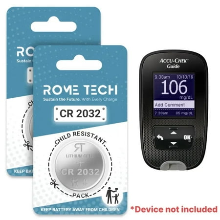 Rome Tech 3V Power Battery for Accu-Chek Guide Blood Glucose Monitor, CR2032, 2 Pack