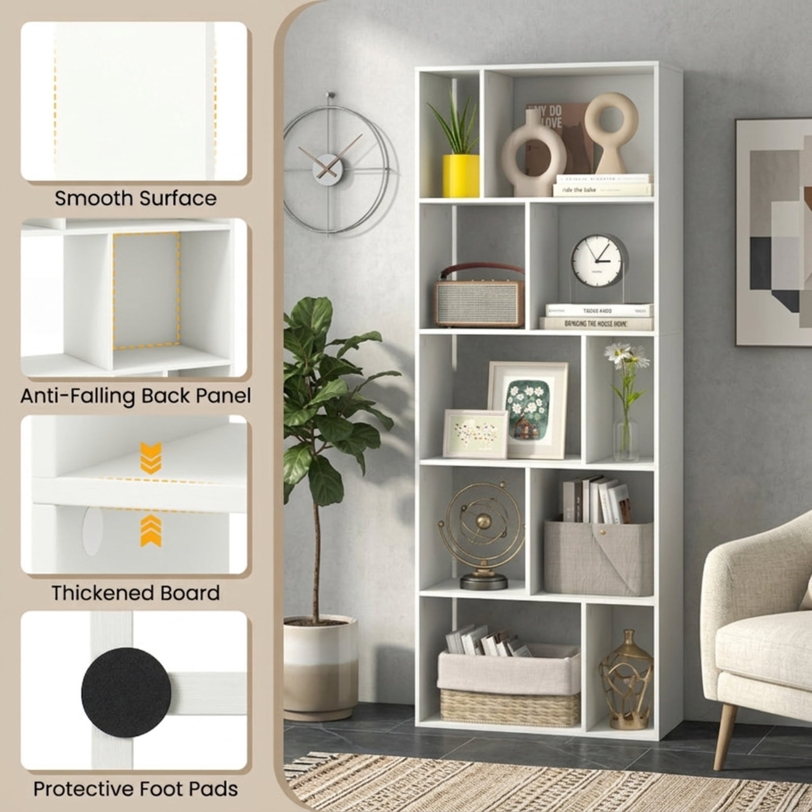 Furnibear 63 Inch 5-Tier Geometric 10-Cube Bookshelf Tall Bookcase for Living Room Home Office Bedroom Display Storage Shelf, White