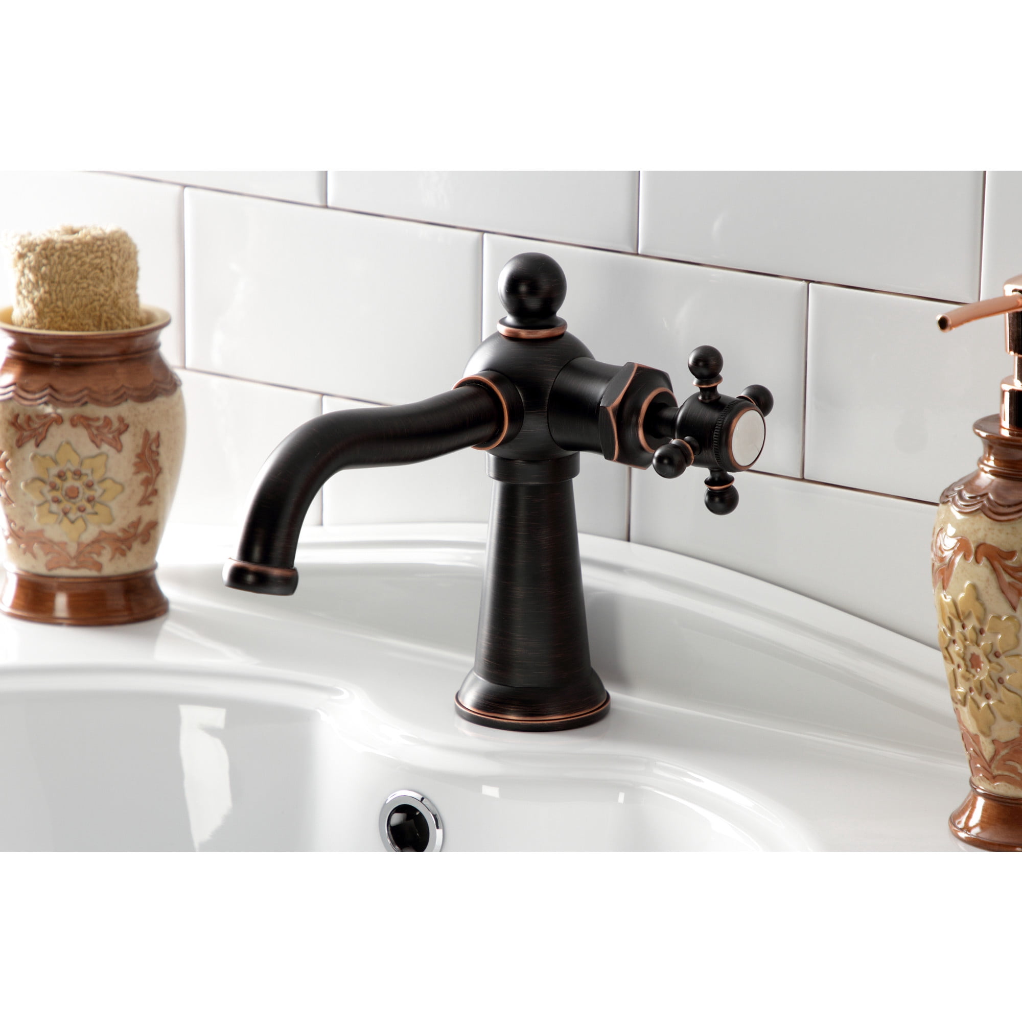 Kingston Brass KSD154BXNB Nautical One-Handle Single-Hole Bathroom Faucet with Deck Plate and Push Pop-Up Drain, Naples Bronze
