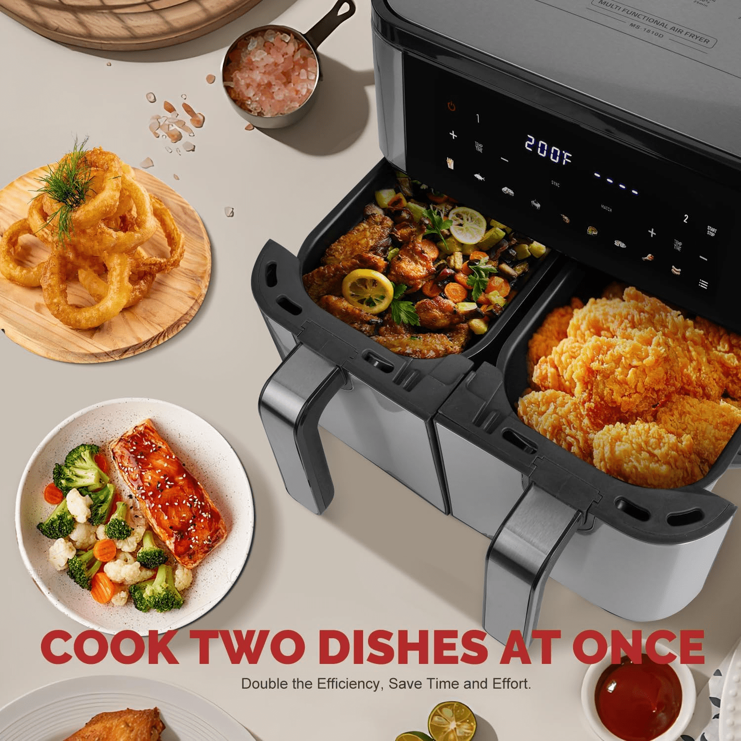 MIRASTON 10QT Digital Dual Basket Air Fryer, 1800W Stainless Steel Kitchen Cooker for Family Meals