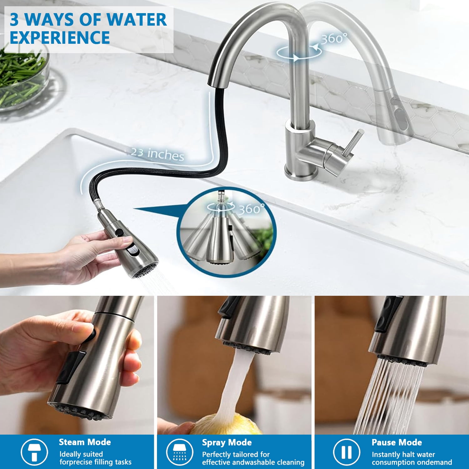 Inolait Kitchen Faucets, Brushed Nickel Kitchen Faucet with Pull Down Sprayer, High Arc Single Handle Stainless Steel Sink Faucets 1 or 3 Hole, Kitchen Sink Faucets for Bar Laundry RV Utility Sink