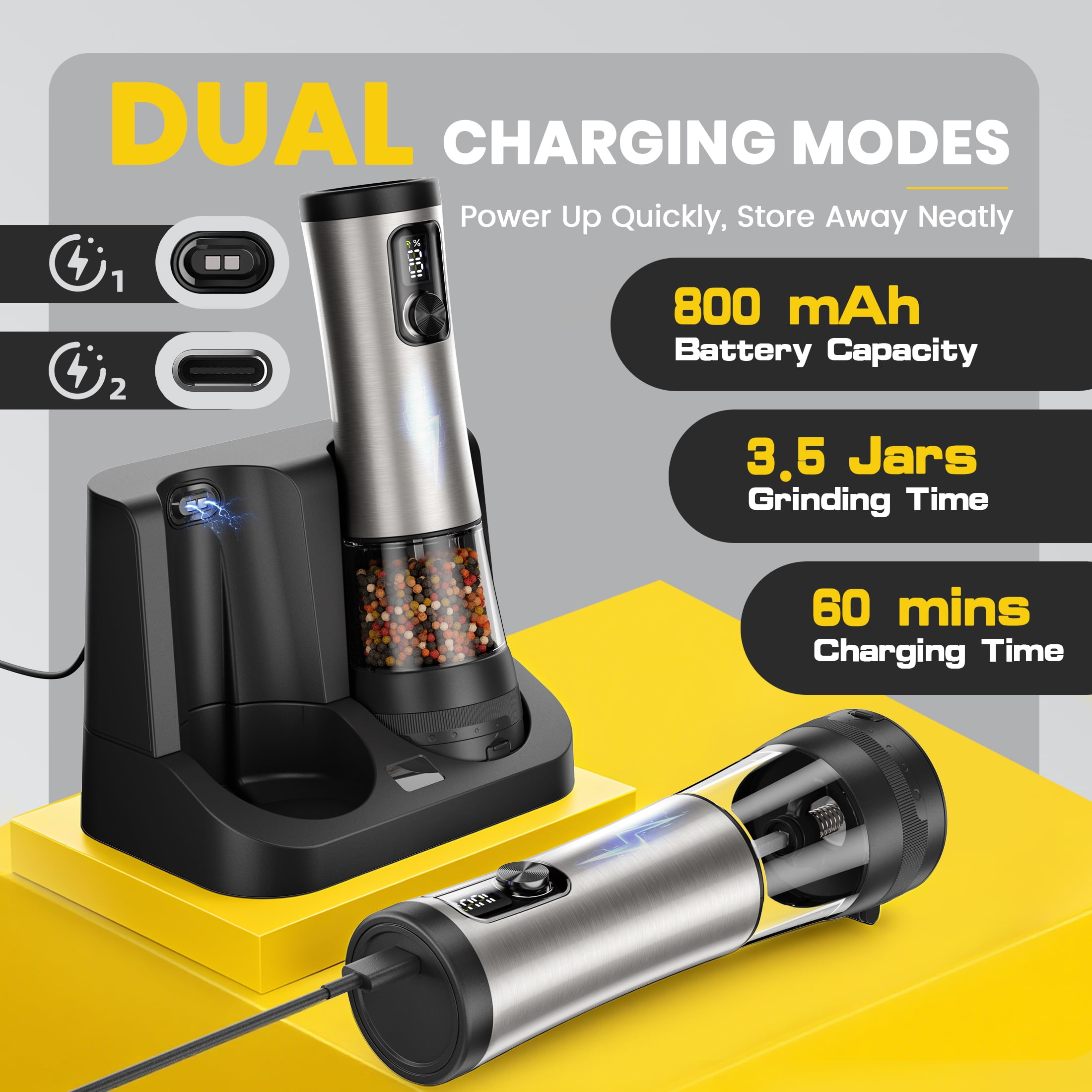 Moreblue Electric Salt and Pepper Grinder Set , Automatic Rechargeable Salt and Pepper Shaker with LED Battery Display & USB‑C Charging Base, Pepper Mill for Kitchen, Dining & Camping