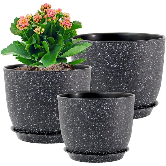 Flower Pots 10/9/8 inch, Set of 3 Modern Decorative Plastic Planters with Drainage Holes and Tray for House Plants Indoor Flowers Plants, Plant Pots for Indoor Outdoor Plants, Blue Green
