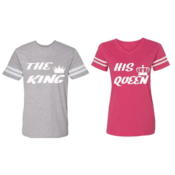 The King His Queen Matching Couple Cotton Jerseys (Men Heather / Women Pink) (Men XXL / Women L)