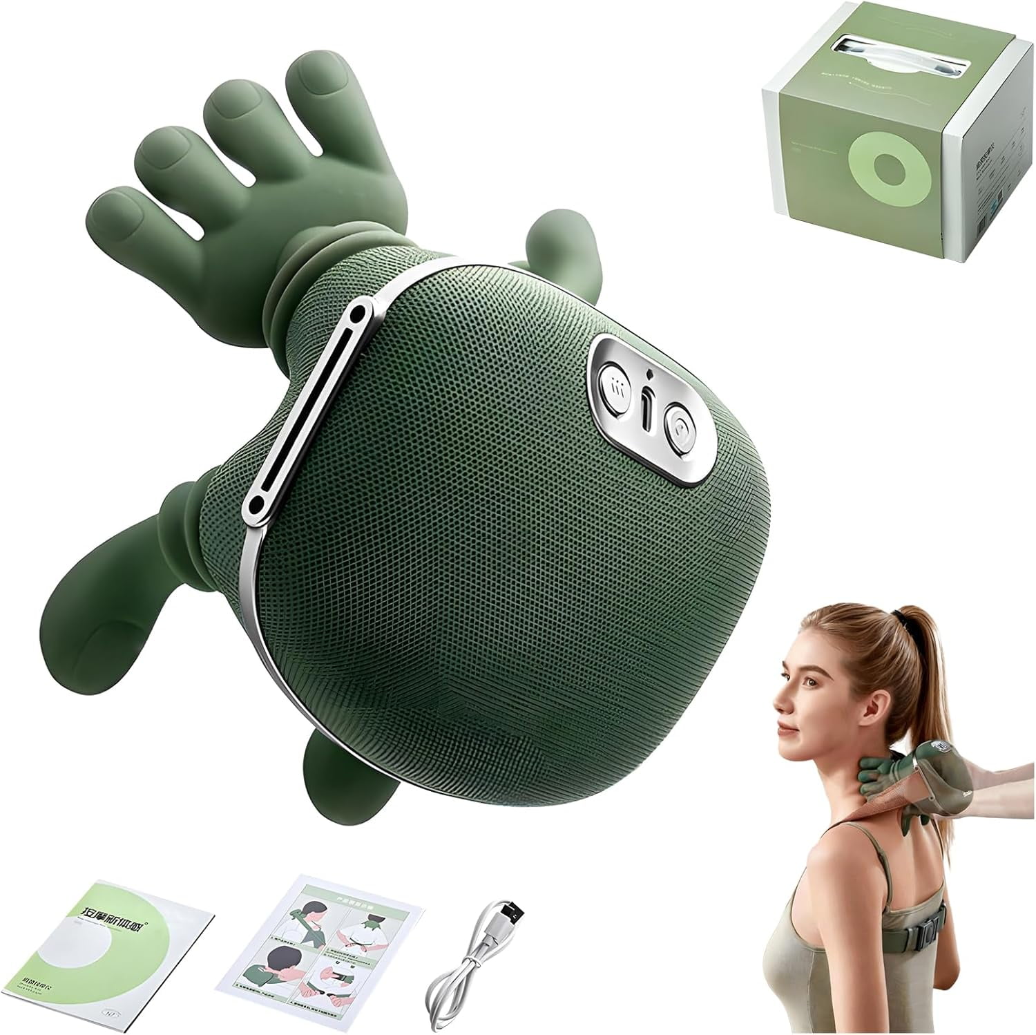 Neck and Shoulder Massager with Heat - 4D Shiatsu Kneading Massage for Back Pain Relief, Portable Electric Massager (Green)