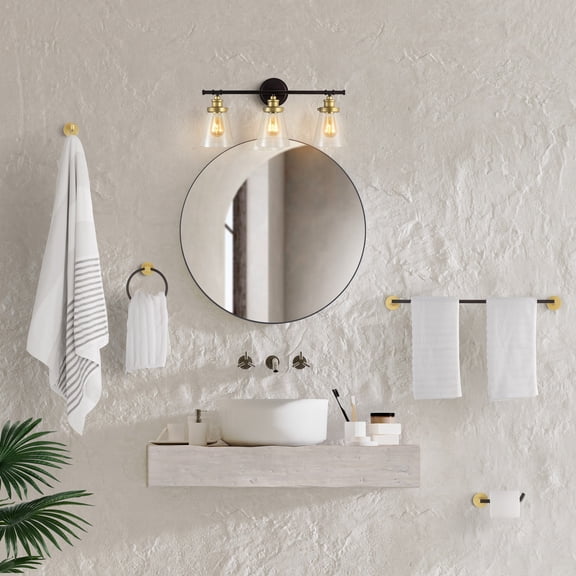 JONATHAN Y Hollis 23.75" 3-Light Traditional Farmhouse Vanity Light with Bathroom Hardware Accessory Set, Oil Rubbed Bronze/Gold Painting (5-Piece)