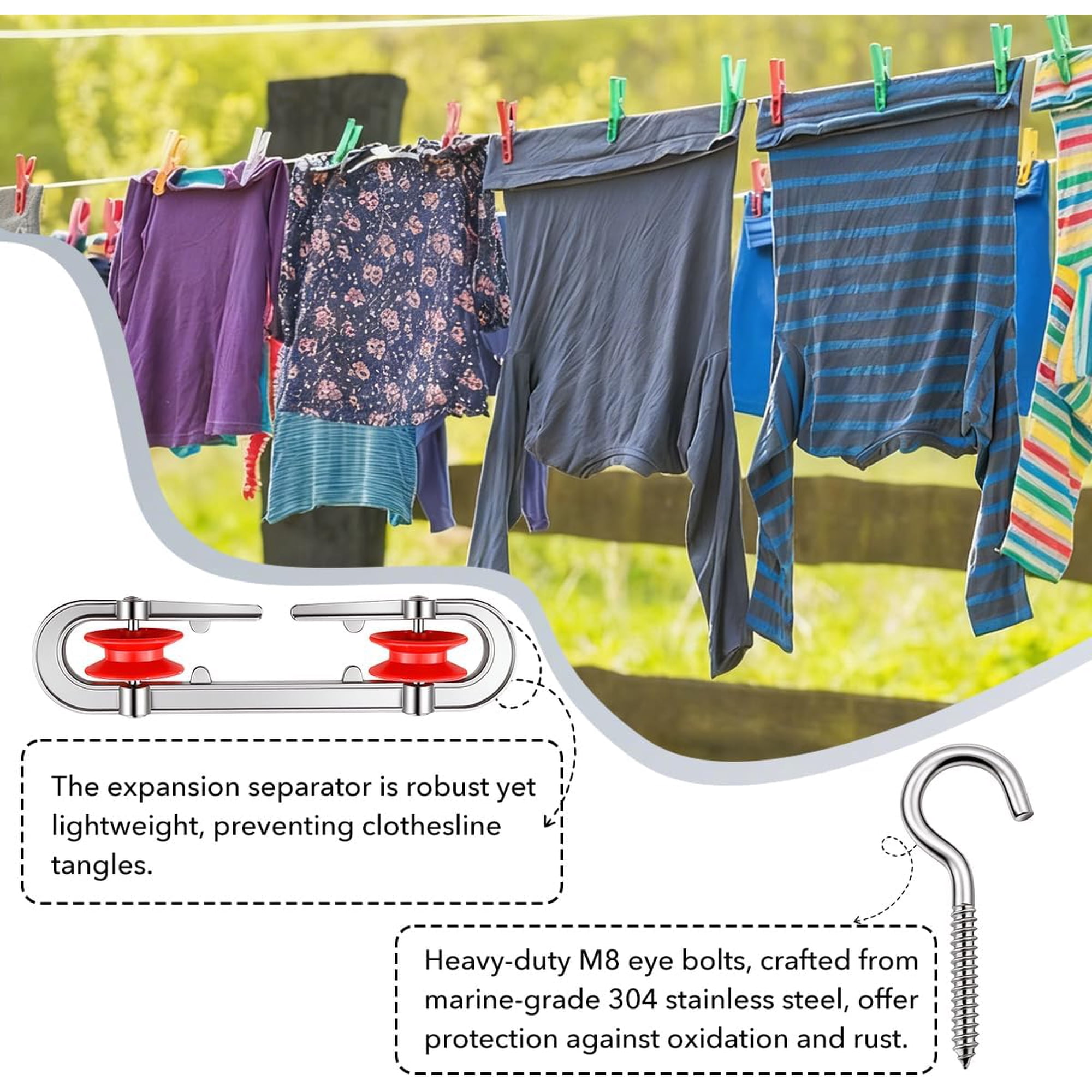 Clothesline Kit, Heavy Duty Clothesline Kit with 3/16" 100Ft PVC Coated Clothes Line Wires, Clothesline Nylon Pulley, Perfect for Drying Clothes Outside