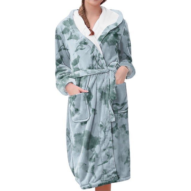 Women's Fleece Plush Robe Long Warm Plush Bathrobe Loungewear Jacket Printed Comfort Robe