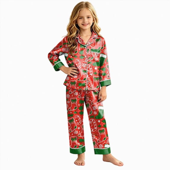 sdbrld Christmas Silk Pajamas for Kids Girls 2 Piece Cute Graphic Pjs Fall Winter Button Down Long Sleeve Top and Pants Holiday Home Loungewear Sizes 7-8 Years