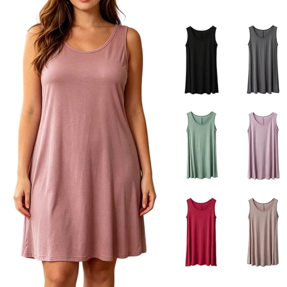 Asxite Plus Size Womens Pajamas Loose Breathable Sleeveless Crew Neck Soft Knit Solid Sleep Dress