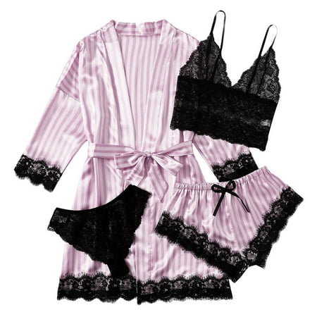 

4-Piece Women Sexy Garter Lingerie Set Robes Lace Bodysuit Deep-V Neck Underwear