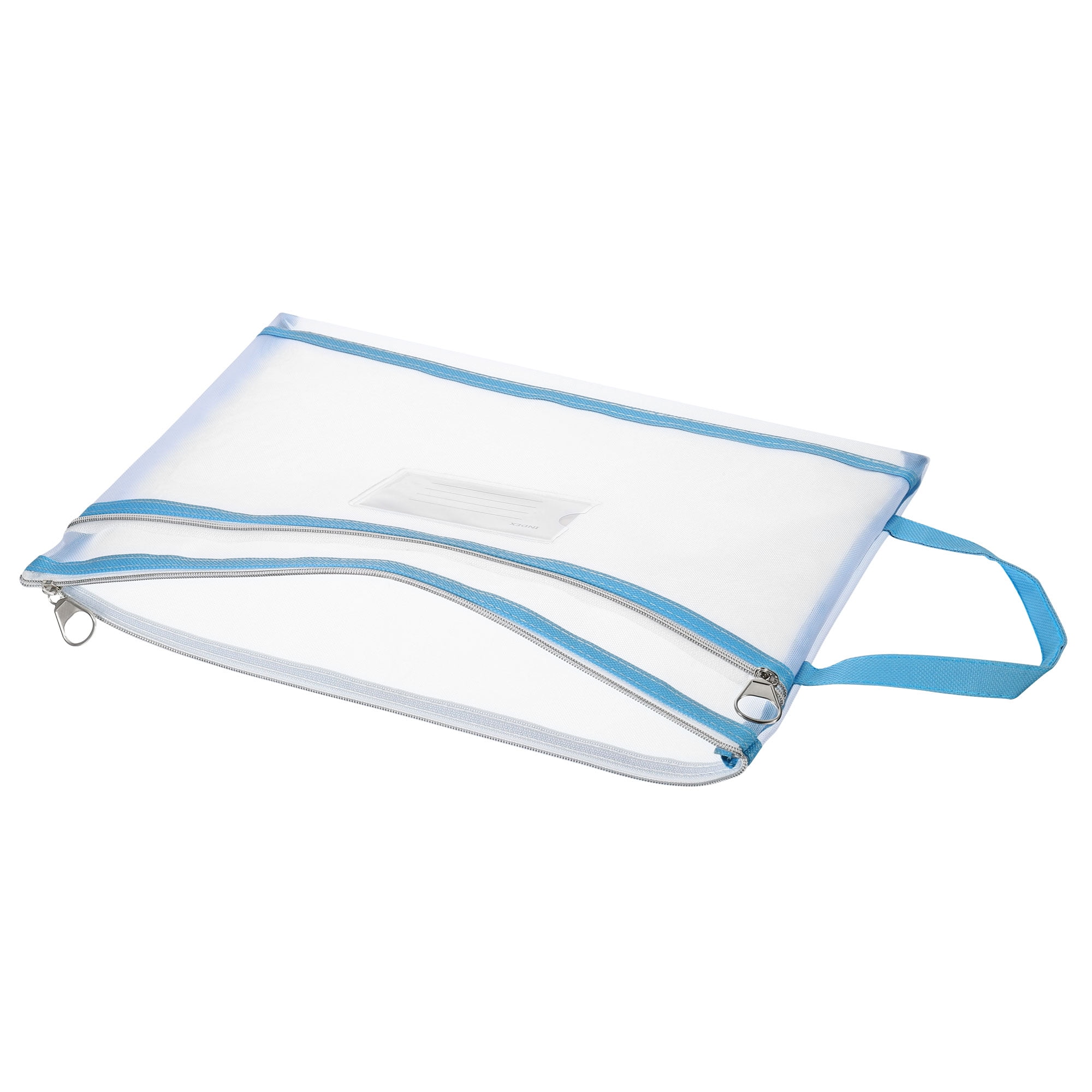 Unique Bargains Nylon Mesh Zip Files Handle Bag with Name Tag Light Blue