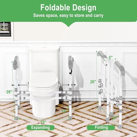 Foldable Toilet Safety Rail for Seniors, Adjustable Height Bathroom Frame with Armrests, Heavy Duty 400LBS Support