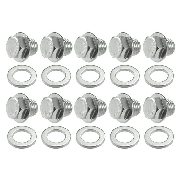 Unique Bargains 10 Set Universal Car Oil Drain Plug with Gasket Durable M12x1.5 Metal Silver Tone