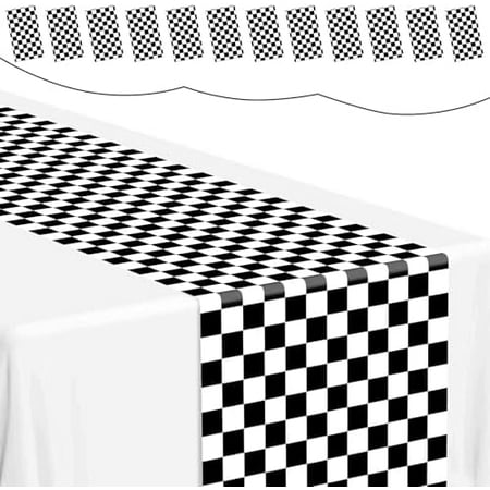 12 Pcs Checkered Table Runner 14x108 Inch Plastic Racetrack Road Race Car Table Cloth Disposable Black and White Tablecloth for Two Fast Racing Theme Decor Birthday Party Decorations Events Supplies