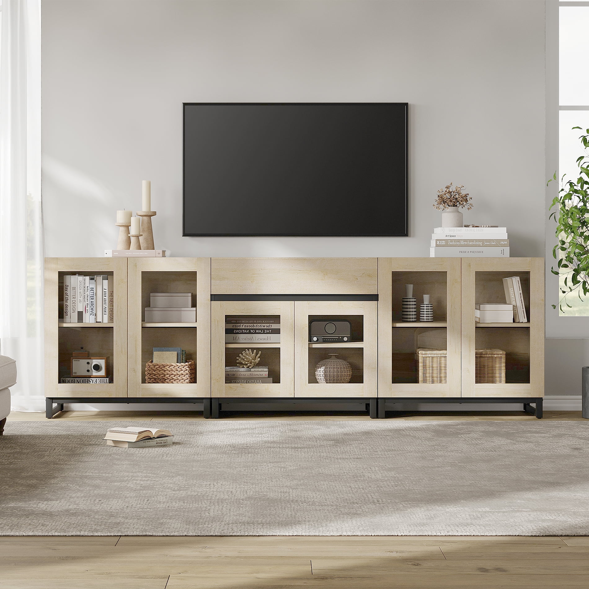 WAMPAT 3-in-1 Modern TV Stand for TVs up to 100 Inch, Glass Doors & 1 Drawer Entertainment Center, Media Console with Adjustable Shelf for Living Room & Bedroom