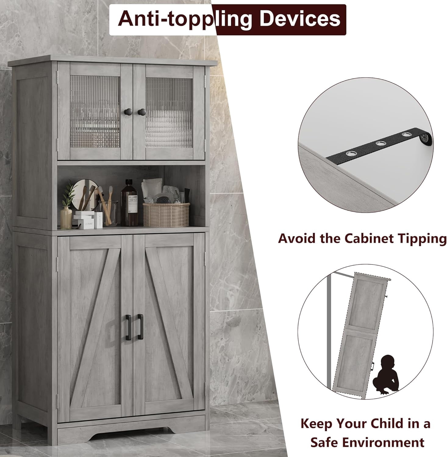 Freestanding Linen Storage Cabinet with Glass Doors, Versatile Kitchen Pantry and Living Room Cupboard with Adjustable Shelves (Gray)