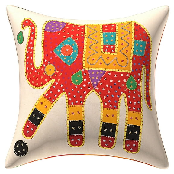 Stylo Culture Ethnic Decorative Throw Pillow Cover 24 x 24 Big Applique Patchwork Red Beige Bohemian 60x60 cm Bed Room Cotton Elephant Square Cushion Cover | 1 Pc