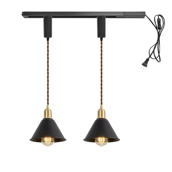 KAYYELAMP 1x Plug in Cable Track Rail, 2X Adjustable Cord Black Track Lighting Fixtures Brass E26 Base H-Type Vintage Design for Kitchen Loft(No Bulb)