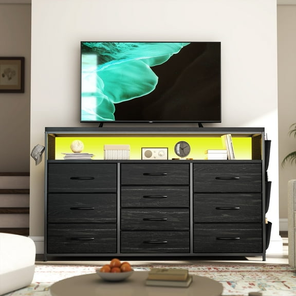 Romorgniz 10 Drawer Dresser,Black Dressers for Bedroom TV Stand with Power Outlets & LED Lights & Entertainment Center,Chest of Drawers with Shelves & Side Pockets & Hook Fabric