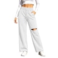 thumbnail image 3 of Women's Wide Leg Sweatpants Drawstring Distressed Hole Design Straight Style Side Pockets Loose Streetwear Casual Athletic Trousers, Sweatpants Y2K White XXL, 3 of 5