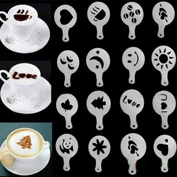 Plantillas de decoración de café, 16 Uds., plantillas de plantilla para pastel, decoración, plantillas de café reutilizables, herramienta de espuma, plantillas de arte Latte